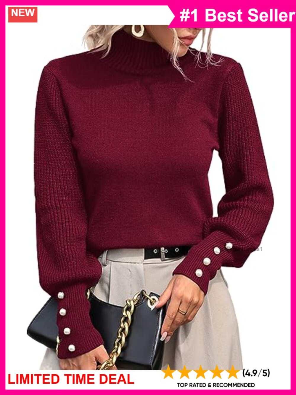 Upopby Women's Mock Turtleneck Knitted Pullover Sweater with Button Cuffs
